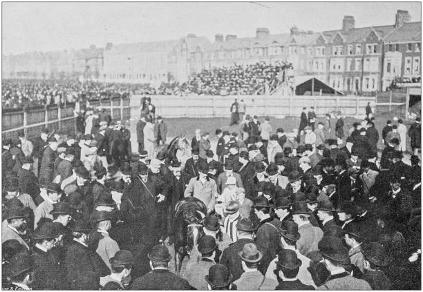 istock Antique vintage black and white photo: Horse racing event race 1155691003