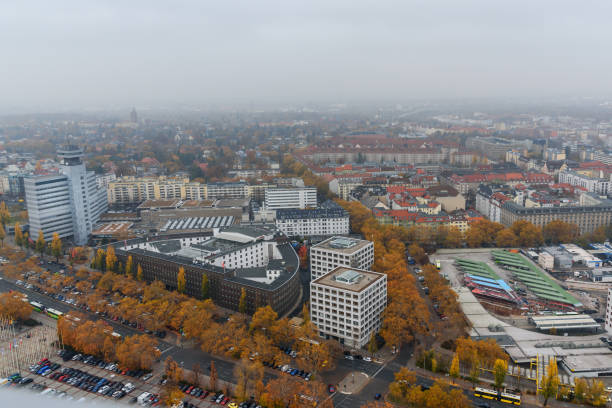 Areal view from Funkturm Berlin fog in the autumn. Germany Areal view of Berlin from Funkturm fog in the autumn. Germany grunewald berlin stock pictures, royalty-free photos & images