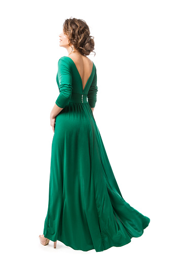 Fashion Model in Long Dress Back view, Woman Beauty in Gown Rear view, Full Length isolated over White background