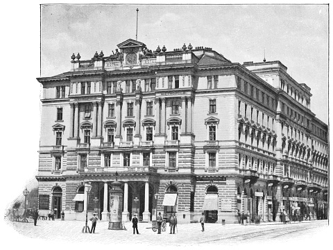 Hotel Metropole in Vienna, Austria. The Austro-Hungarian Empire era (circa 19th century). Vintage halftone photo etching circa late 19th century. The hotel was destroyed in a bombing in the 1940s.