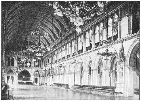 Main Festivities Hall at Vienna City Hall in Vienna, Austria. The Austro-Hungarian Empire era (circa 19th century). Vintage halftone photo etching circa late 19th century.