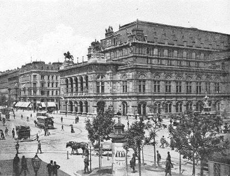 The Vienna State Opera in Vienna, Austria. The Austro-Hungarian Empire era (circa 19th century). Vintage halftone photo etching circa late 19th century.