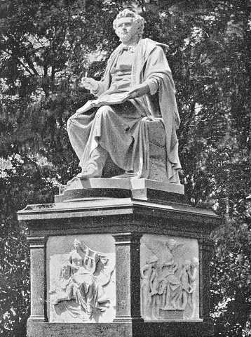 Franz Schubert Monument at Stadtpark in Vienna, Austria. The Austro-Hungarian Empire era (circa 19th century). Vintage halftone photo etching circa late 19th century.