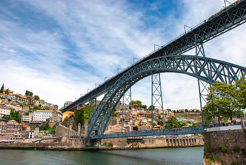 The iconic Dom Luis I arch bridge crossing the Duoro river in Porto, Portugal