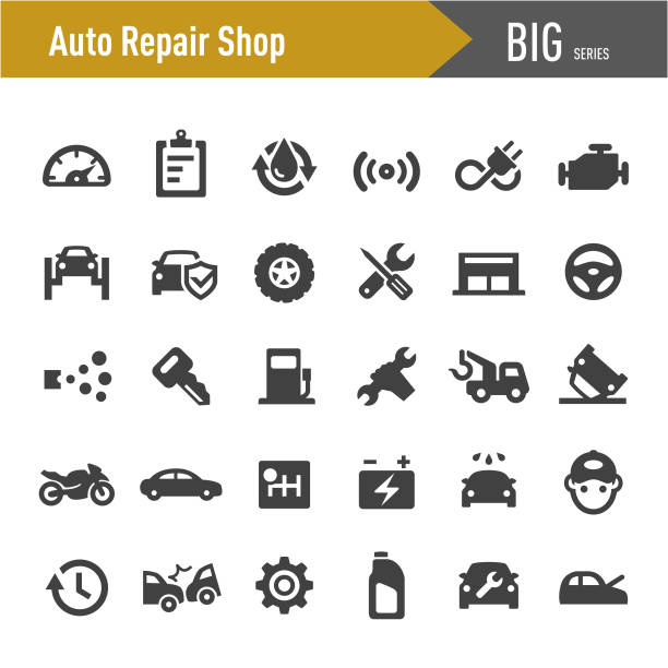 ilustrações, clipart, desenhos animados e ícones de auto ícones da loja de reparo-série grande - car symbol repairing auto repair shop