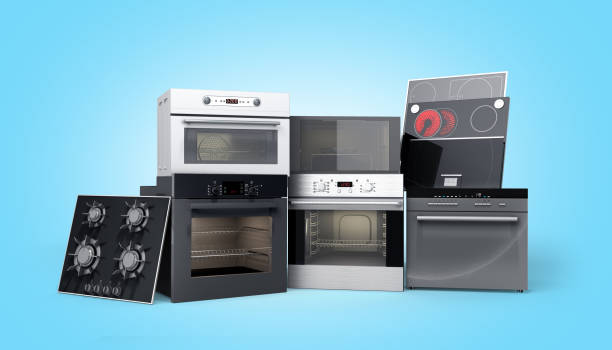 istock Home appliances built in Group of white 3d render on blue gradient 1155699168