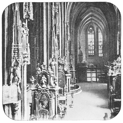 Interior of St. Stephen’s Cathedral in Vienna, Austria. The Austro-Hungarian Empire era (circa 19th century). Vintage halftone photo etching circa late 19th century.
