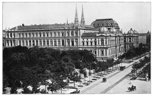 Main Building of the University of Vienna in Vienna, Austria. The Austro-Hungarian Empire era (circa 19th century). Vintage halftone photo etching circa late 19th century.