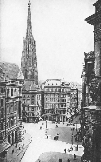 Graben street in Vienna, Austria. The Austro-Hungarian Empire era (circa 19th century). Vintage halftone photo etching circa late 19th century.