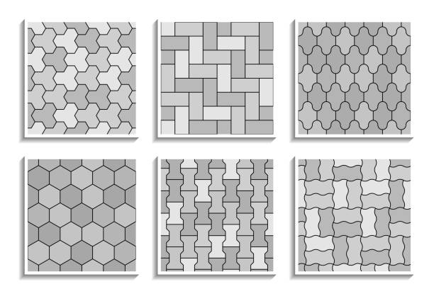 ilustraciones, imágenes clip art, dibujos animados e iconos de stock de conjunto de texturas de pavimento sin costuras en escala de grises. los patrones repetitivos en blanco y negro de los azulejos de la calle - sidewalk brick patio floor