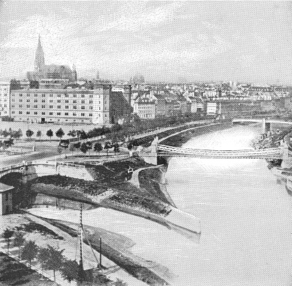 Wien River flowing into the Donaukanal (Danube Canal) in Vienna, Austria. The Austro-Hungarian Empire era (circa 19th century). Vintage halftone photo etching circa late 19th century.