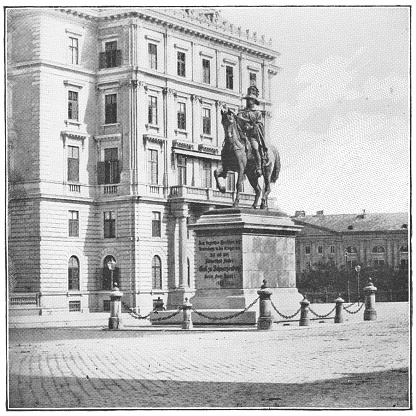 Schwarzenberg Monument at Schwarzenbergplatz in Vienna, Austria. The Austro-Hungarian Empire era (circa 19th century). Vintage halftone photo etching circa late 19th century.