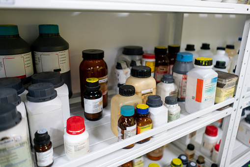 Chemicals on shelf at a laboratory