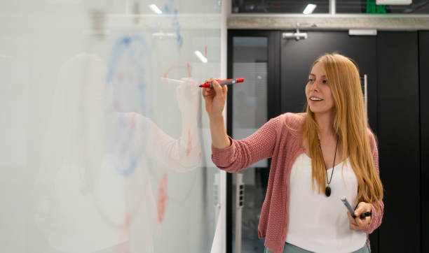 istock Young female student writing on white board at class in college 1155707583