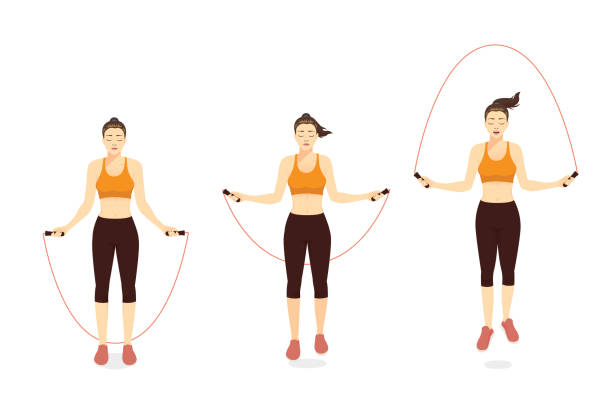 Woman doing Exercise with speed jumping rope in 3 step. Woman doing Exercise with speed jumping rope in 3 step. Illustration about workout with lightweight equipment. wrist exercise stock illustrations