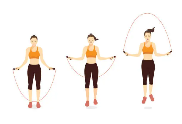 Vector illustration of Woman doing Exercise with speed jumping rope in 3 step.