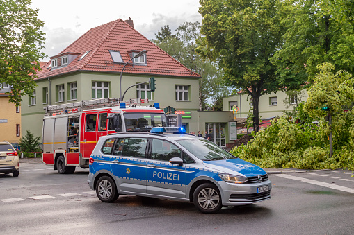 Berlin, Germany - June 12, 2019: An uprooted tree lying on a major road in Berlin, Germany, after a heavy storm. The police is blocking the street for cleanup.