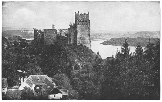 Burgruine Durnstein ruins at Durnstein, Austria. The Austro-Hungarian Empire era (circa 19th century). Vintage halftone photo etching circa late 19th century.