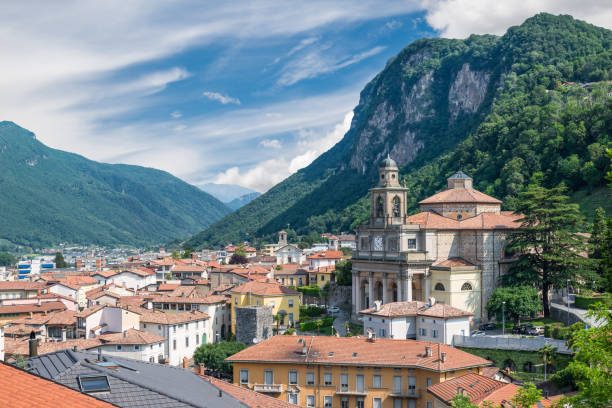 aerial view of the historic center of a swiss city; mendrisio with the church of saints cosmas and damian, switzerland - tessin imagens e fotografias de stock