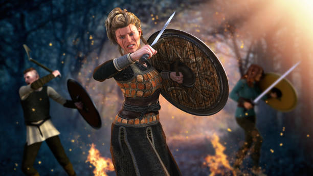 istock Viking Warrior Woman Fighting with Sword and Shield 1155715121