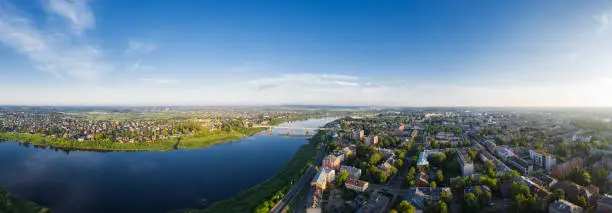 Panorama of the City center in the early morning, a view from a drone. Daugavpils. It is the second largest city in the country after the capital Riga.