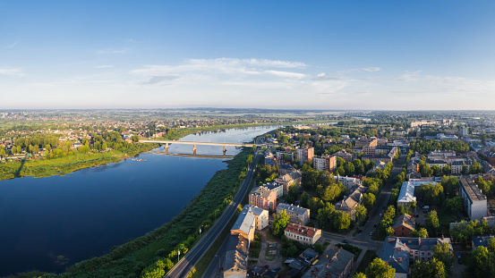 Panorama of the City center in the early morning, a view from a drone. Daugavpils. It is the second largest city in the country after the capital Riga.