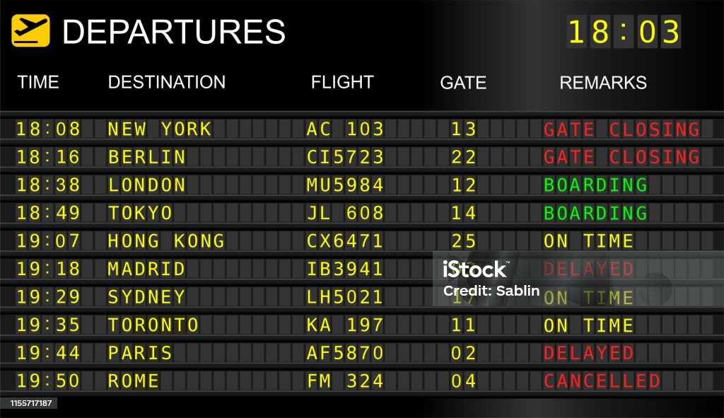 Flights departures board illustration Flight information display system in international airport, cancelled and delayed flights Airport stock illustration