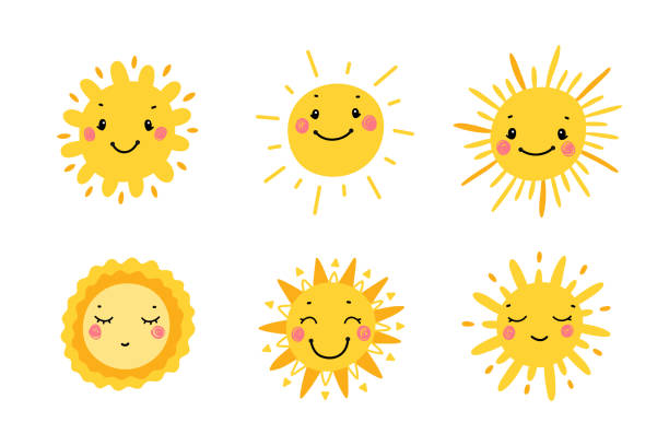illustrations, cliparts, dessins animés et icônes de ensemble de vecteur mignon d'icône de soleil. griffonnage dessiné à la main différents soleils drôles - lumière du soleil