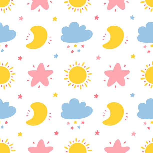 Vector Seamless Pattern with Cute Moon, Cloud, Star and Sun Icons. Sky Background for Kids Fashion, Nursery, Baby Shower Scandinavian Design. Vector Seamless Pattern with Cute Moon, Cloud, Star and Sun Icons. Sky Background for Kids Fashion, Nursery, Baby Shower Scandinavian Design. bedroom patterns stock illustrations