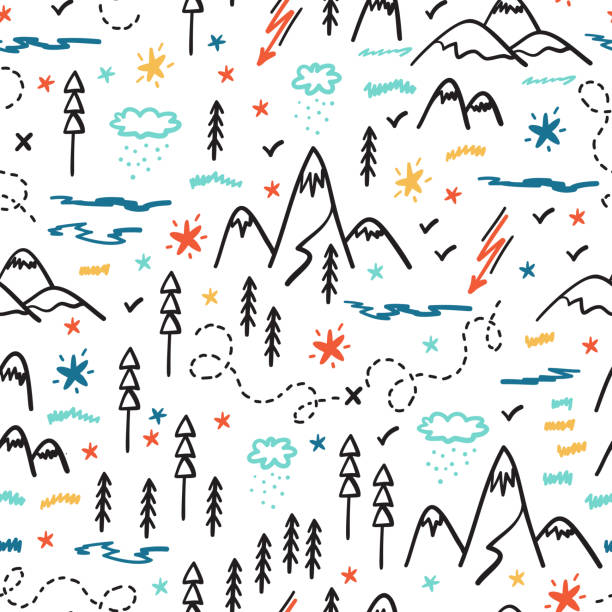 ilustrações de stock, clip art, desenhos animados e ícones de camping nature vector background for kids. cartoon mountain and forest area map seamless pattern. hand drawn doodle mountains, hills, trees, hiking trails and night starry sky - tree area footpath hiking woods