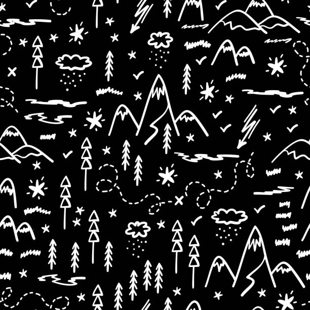 illustrations, cliparts, dessins animés et icônes de camping nature vector contexte pour les enfants. cartoon mountain and forest area carte modèle sans couture. hand drawn doodle mountains, hills, trees, hiking trails and night starry sky hand drawn doodle mountains, hills, trees, hiking trails and night s - forest woods hiking dirt road