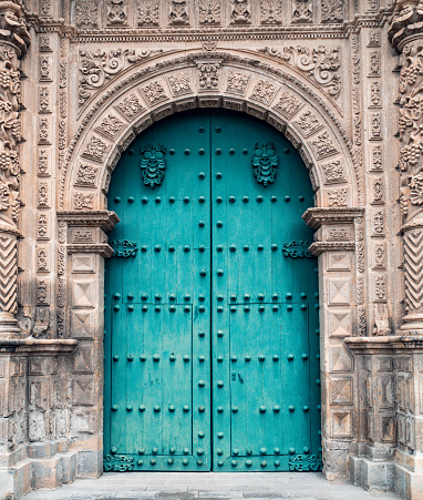 Door or entrance to the ancient cathedral of Cajamarca Peru.