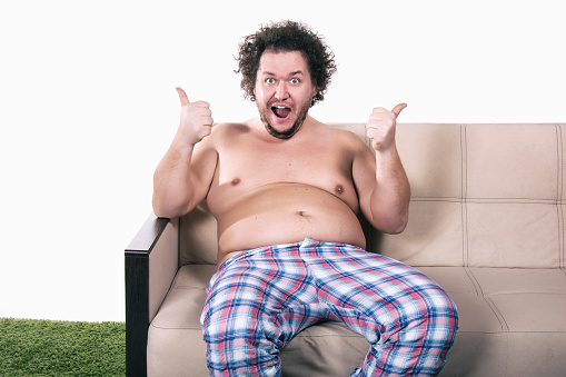 Diet And Funny Fat Guy On The Couch Stock Photo - Download Image Now -  Abdomen, Activity, Adult - iStock