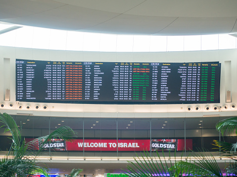 Tel Aviv / Israel - 2 June 2019: Departure / Arrival board on Tel Aviv Ben Gurion aiport in Tel Aviv, Izrael