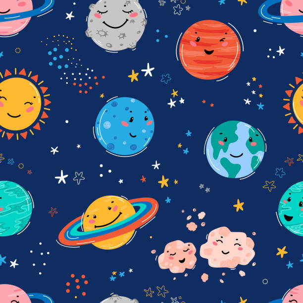 przestrzeń bez szwu wzór z planet układu słonecznego, słońce, meteoryt i gwiazdy. doodle cartoon cute planet uśmiechnięta twarz. space vector tło dla dzieci t-shirt print, przedszkole design, birthday party - child vector birthday celebration stock illustrations