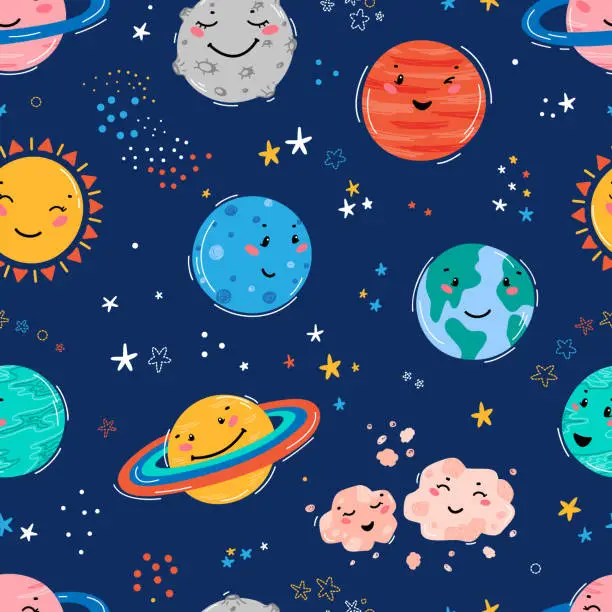 Vector illustration of Space Seamless Pattern with Planets Solar System, Sun, Meteorite and Stars. Doodle Cartoon Cute Planet Smiling Face. Space Vector Background for Kids t-shirt Print, Nursery Design, Birthday Party