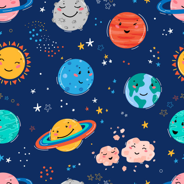 空間無縫模式與行星太陽系,太陽,隕石和恒星。塗鴉卡通可愛的星球笑臉。兒童t恤列印的空間向量背景, 苗圃設計, 生日派對 - 外太空 插圖 幅插畫檔、美工圖案、卡通及圖標