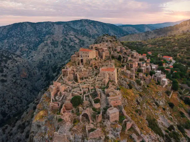 Aerial view of Old Ruins of Anavatos in early morning.