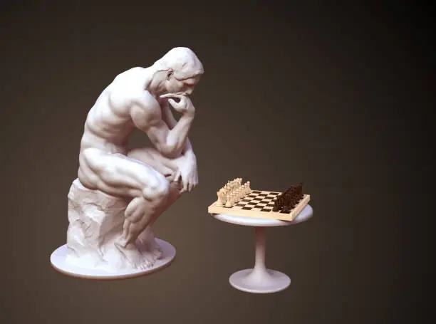 Sculpture Thinker Pondering The Chess Game On Brown Background. 3D Illustration.