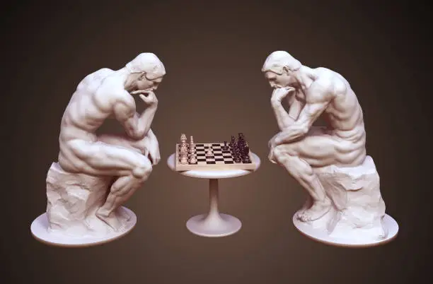 Photo of Two Thinkers Pondering The Chess Game On Brown Background