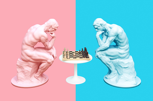 Two Thinkers Pondering The Chess Game On Pink And Blue Backgrounds. 3D Illustration.