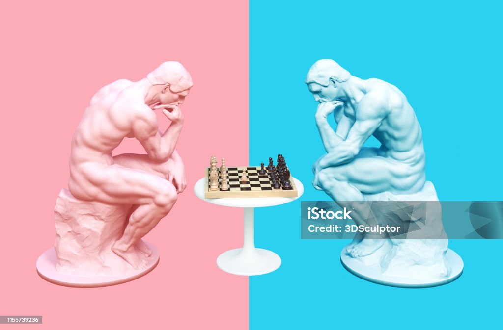 Two Thinkers Pondering The Chess Game On Pink And Blue Backgrounds Two Thinkers Pondering The Chess Game On Pink And Blue Backgrounds. 3D Illustration. Contemplation Stock Photo