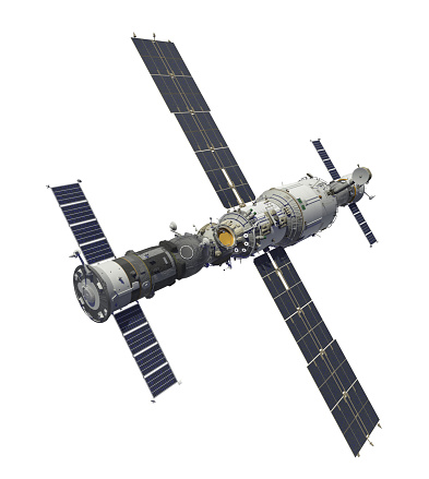 Spacecrafts And Space Station Isolated On White Background. (NASA Images Not Used). 3D Illustration.