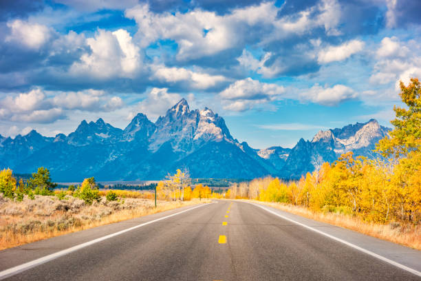 route dans le parc national de grand teton wyoming usa pendant l’automne - wyoming teton range jackson hole autumn photos et images de collection