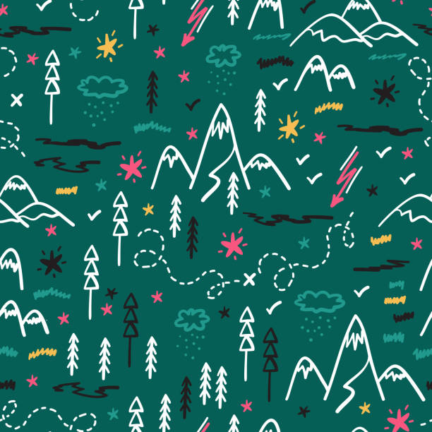 illustrations, cliparts, dessins animés et icônes de camping nature vector contexte pour les enfants. cartoon mountain and forest area carte modèle sans couture. hand drawn doodle mountains, hills, trees, hiking trails and night starry sky hand drawn doodle mountains, hills, trees, hiking trails and night s - forest woods hiking dirt road