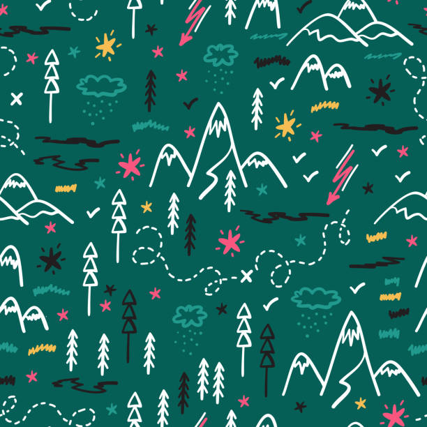 camping nature vector tło dla dzieci. cartoon mountain i forest area mapa bezszwowy wzór. ręcznie rysowane góry doodle, wzgórza, drzewa, szlaki turystyczne i nocne gwiaździste niebo - outline hiking woods forest stock illustrations
