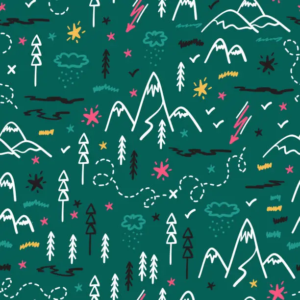 Vector illustration of Camping Nature Vector Background for Kids. Cartoon Mountain and Forest Area Map Seamless Pattern. Hand Drawn Doodle Mountains, Hills, Trees, Hiking Trails and Night Starry Sky