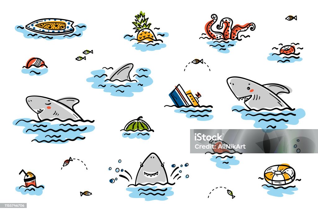 Cartoon Summer Sea Icons Cute Shark Smiling Characters With Various Objects  And Food Floating Or Sinking In Water Vector Set For Kids Fashion Nursery  Scandinavian Print Or Poster Stock Illustration - Download