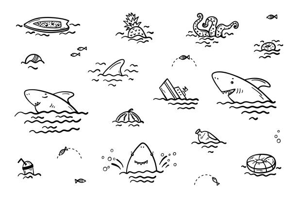 ilustraciones, imágenes clip art, dibujos animados e iconos de stock de iconos del mar de verano de dibujos animados. lindo tiburón sonriendo personajes con varios objetos y comida flotante o hundimiento en el conjunto de vectores de agua para la moda de los niños, guardería, impresión escandinava o cartel. página para co - transportation nautical vessel floating on water sea