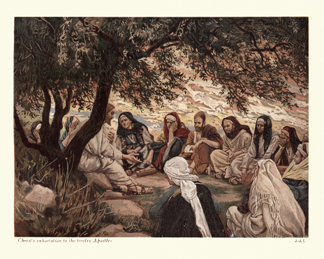 Vintage engraving of Jesus Christ's exhortation to the twelve Apostles, by James Tissot